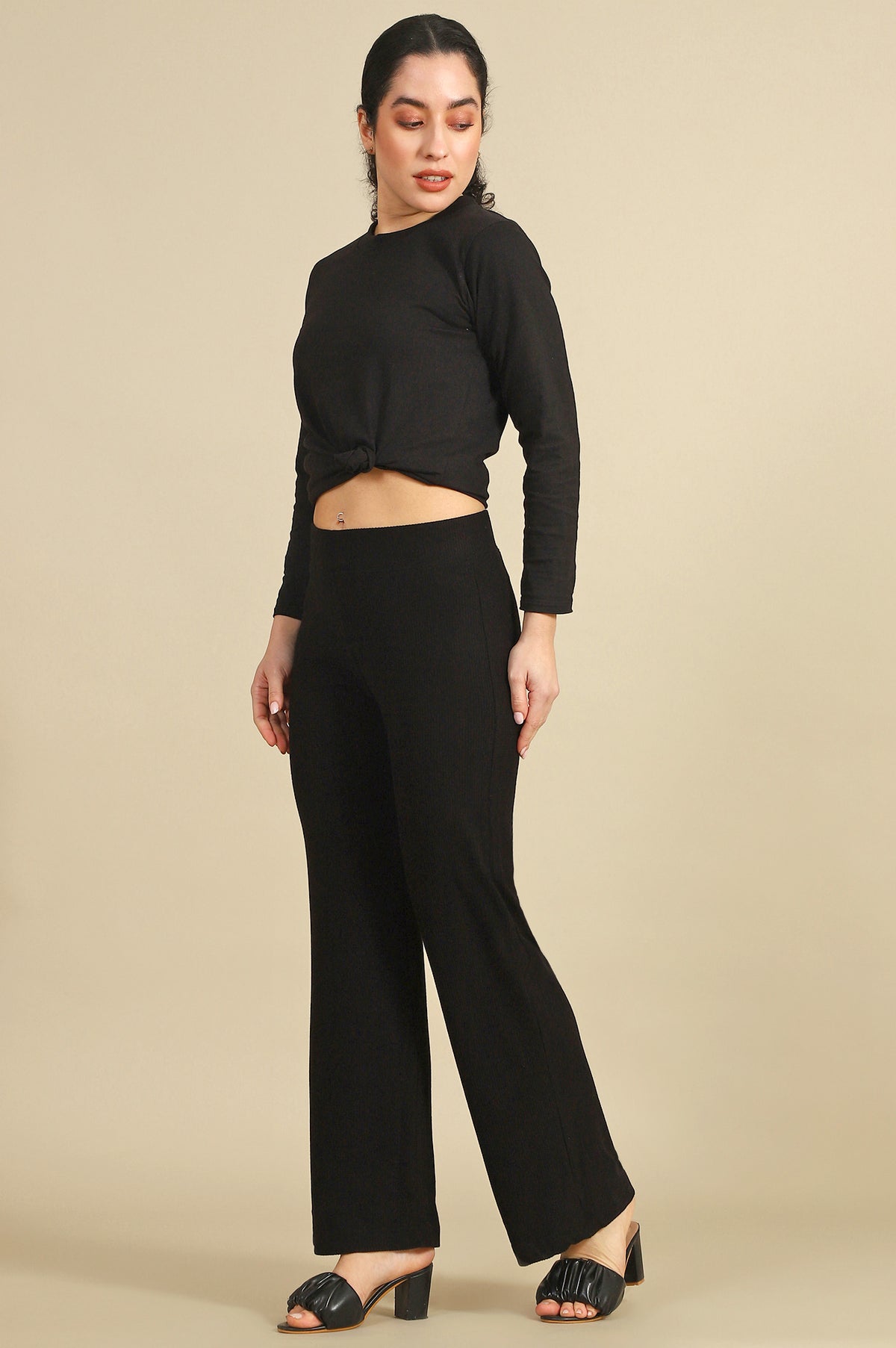 Elleven Women's Black Solid Straight Fit Pants With Slip On Closure - XS