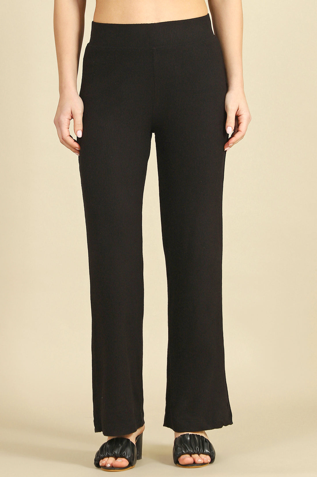 Black Solid Rayon Straight Trousers &amp; Pants
