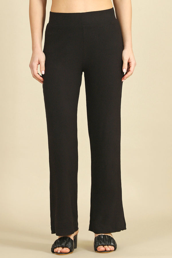 Black Solid Straight Fit Pants With Slip On Closure
