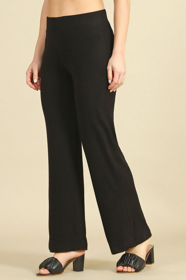 Black Solid Straight Fit Pants With Slip On Closure