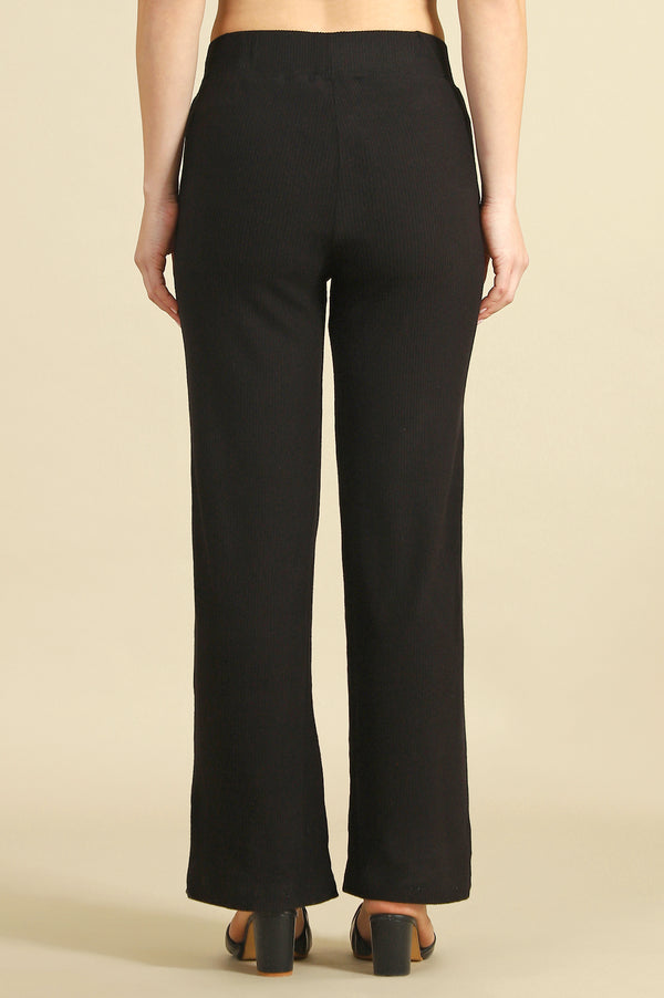 Black Solid Straight Fit Pants With Slip On Closure