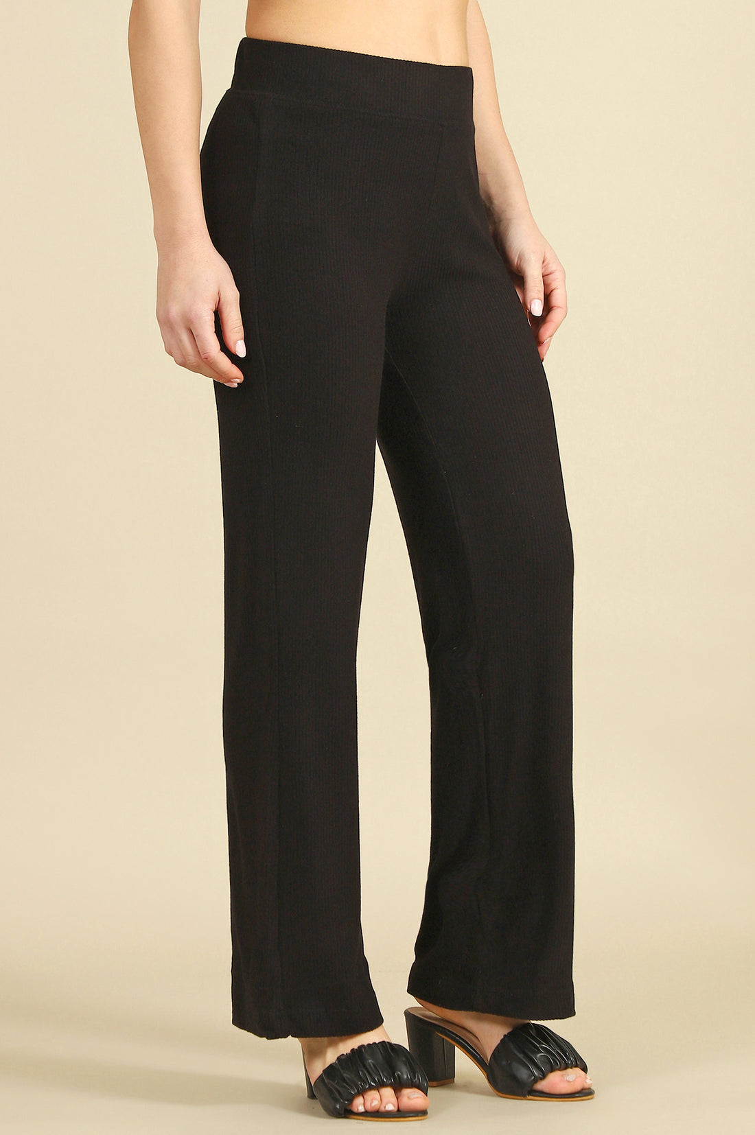 Black Solid Rayon Straight Trousers &amp; Pants