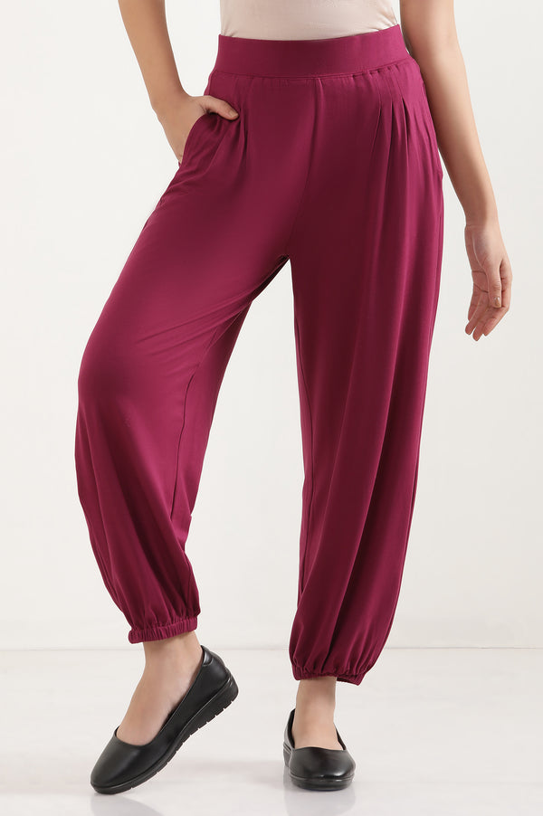 Elleven Women's Purple Solid Loose Fit Pants With Pleated Detail