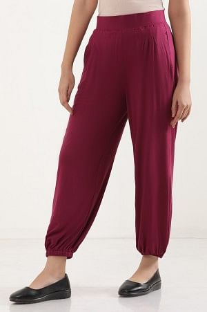Purple Solid Loose Fit Pants With Pleated Detail
