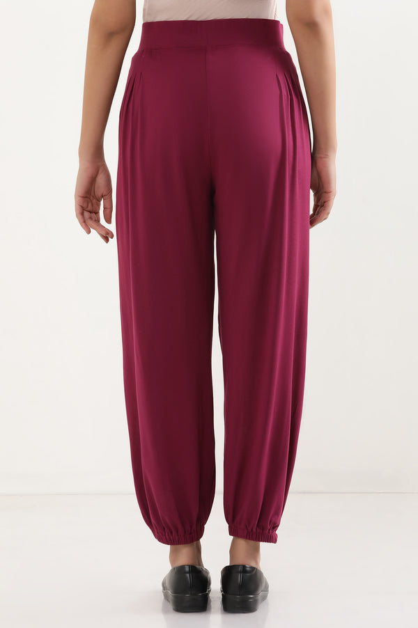 Elleven Women's Purple Solid Loose Fit Pants With Pleated Detail