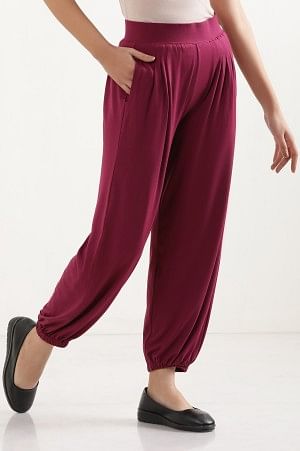Purple Solid Loose Fit Pants With Pleated Detail