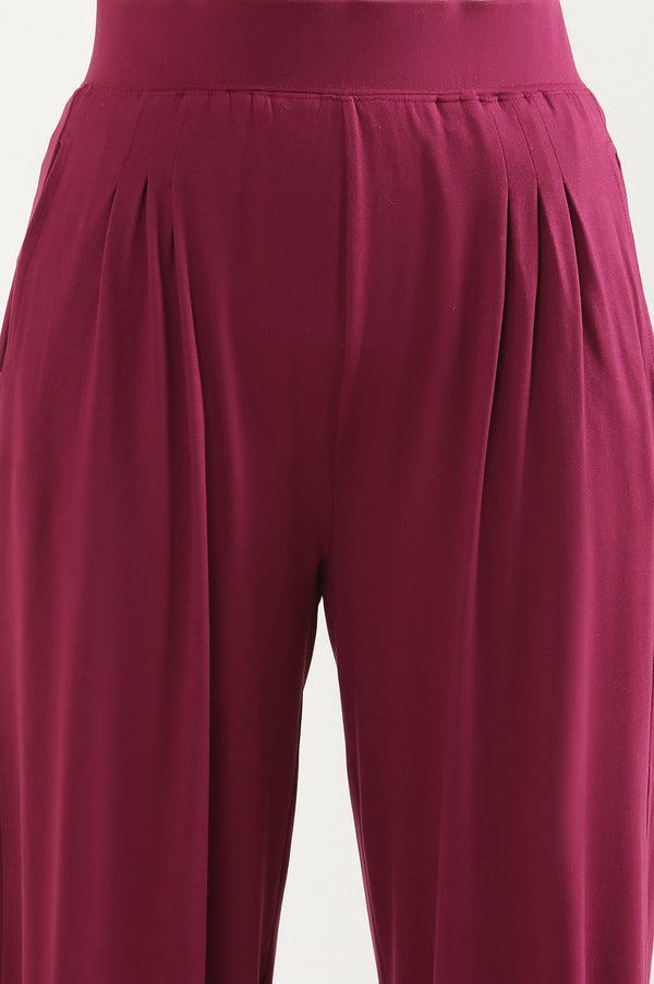 Elleven Women's Purple Solid Loose Fit Pants With Pleated Detail