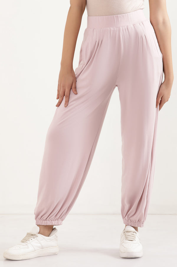 Elleven Women's Light Pink Solid Loose Fit Pants With Pleated Detail