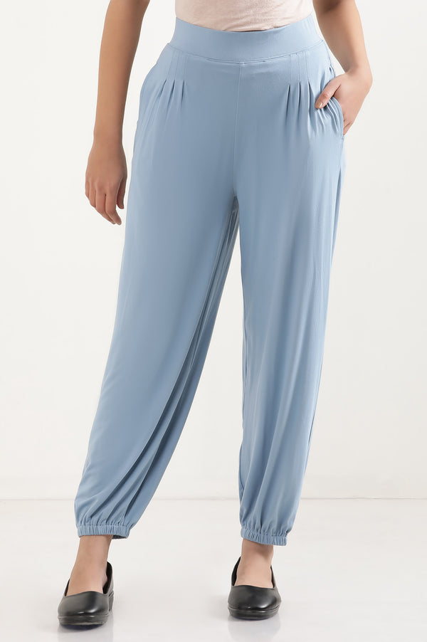 Elleven Women's Light Blue Solid Pleated Harem Pants