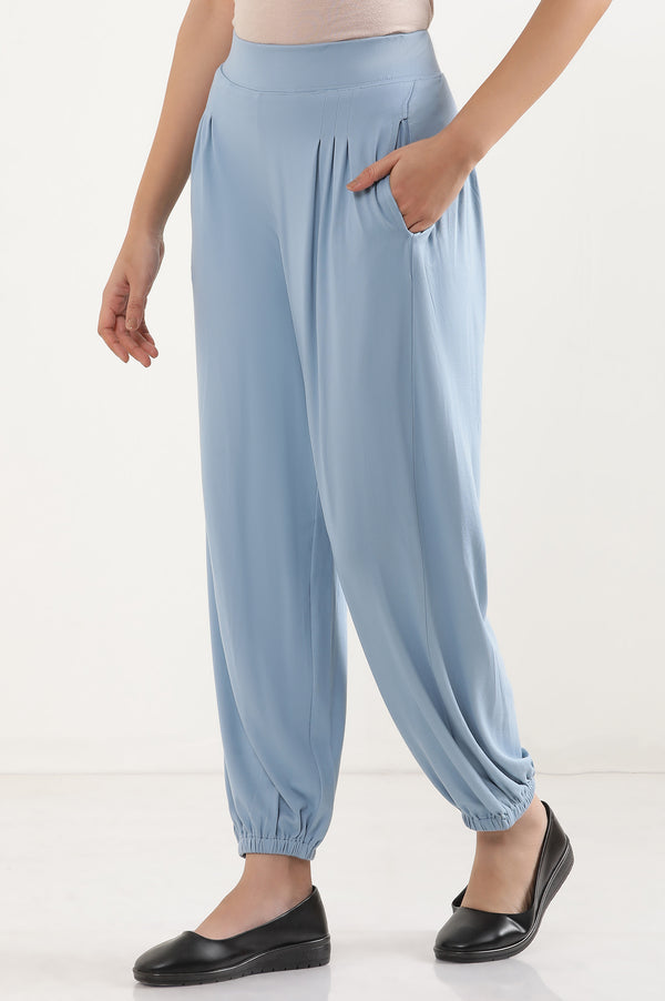 Elleven Women's Light Blue Solid Pleated Harem Pants