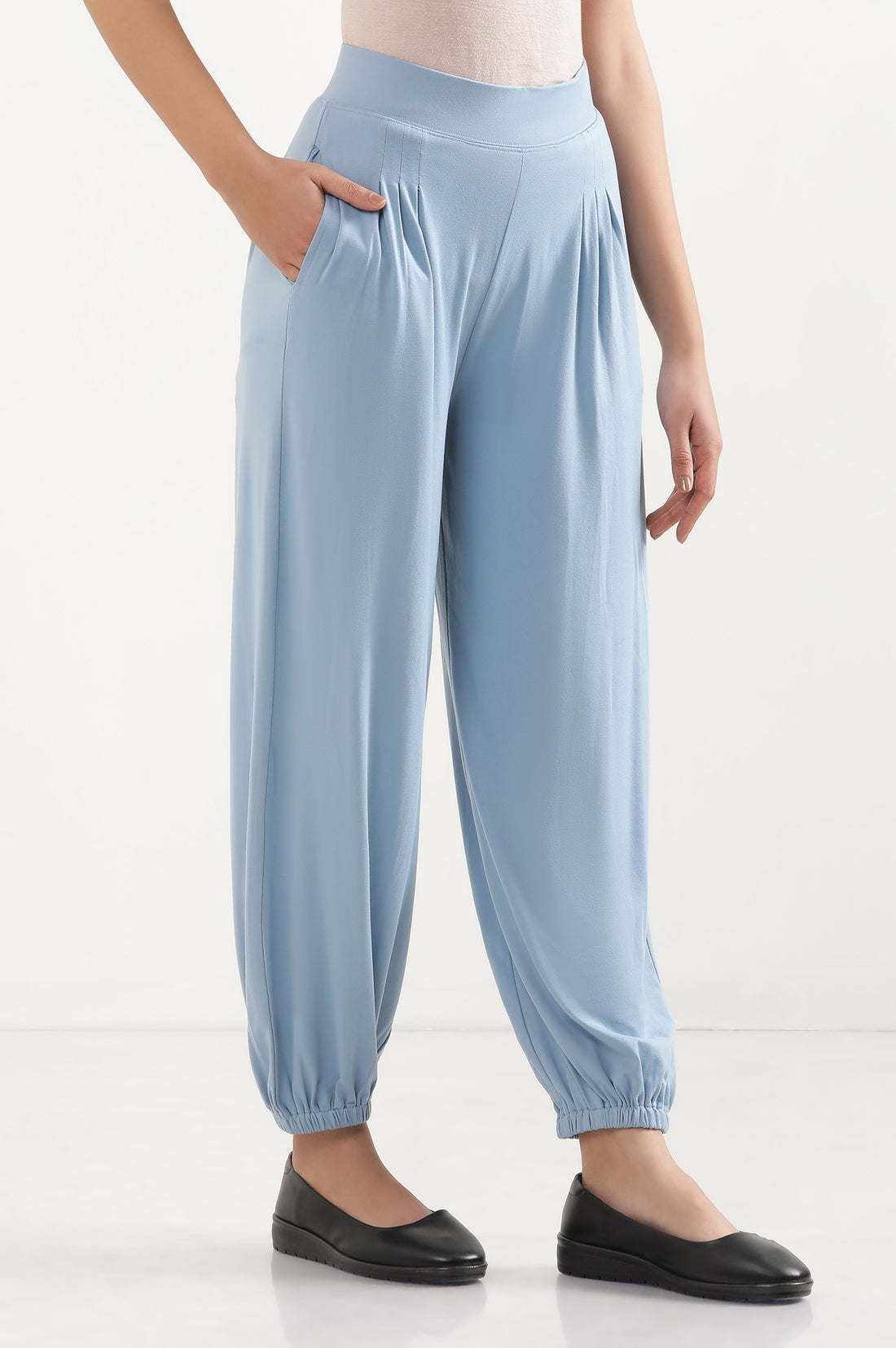 Light Blue Solid Pleated Harem Pants