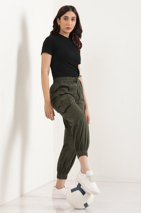 Elleven Women's Olive Green Solid Tapered Cotton Pants with Elasticated Waist