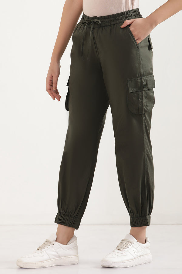 Elleven Women's Olive Green Solid Tapered Cotton Pants with Elasticated Waist