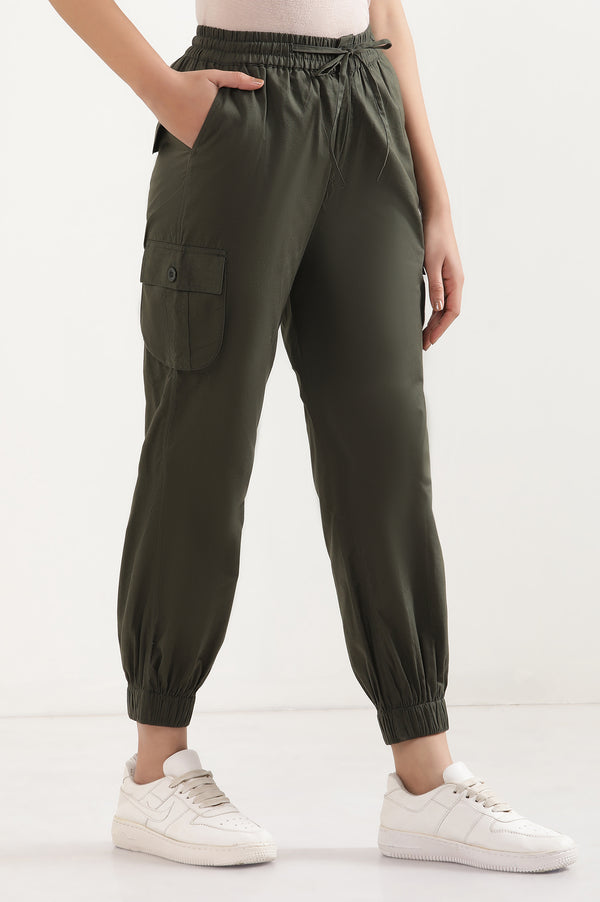Elleven Women's Olive Green Solid Tapered Cotton Pants with Elasticated Waist