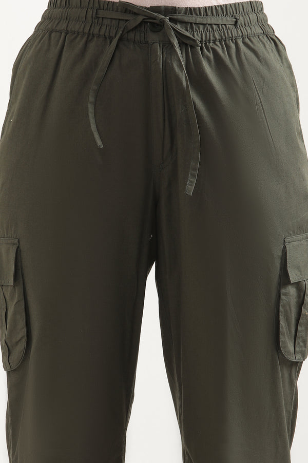 Elleven Women's Olive Green Solid Tapered Cotton Pants with Elasticated Waist