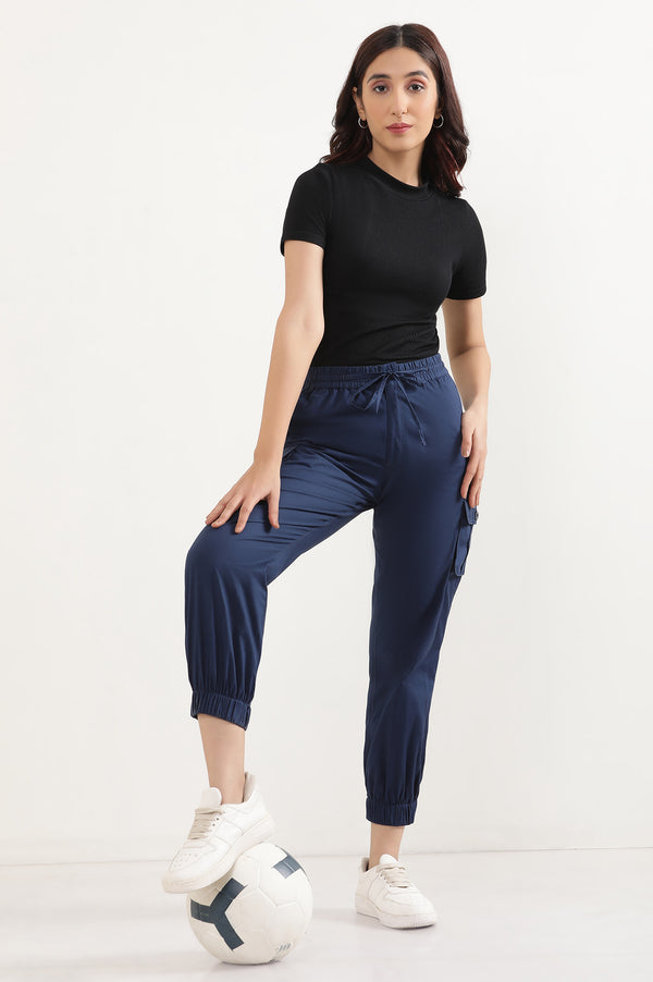 Elleven Women's Navy Blue Solid Tapered Cotton Pants with Drawstring