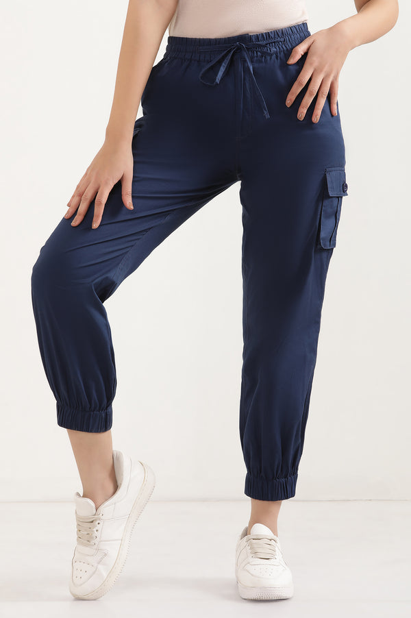 Elleven Women's Navy Blue Solid Tapered Cotton Pants with Drawstring