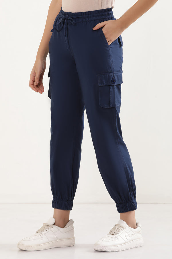 Elleven Women's Navy Blue Solid Tapered Cotton Pants with Drawstring