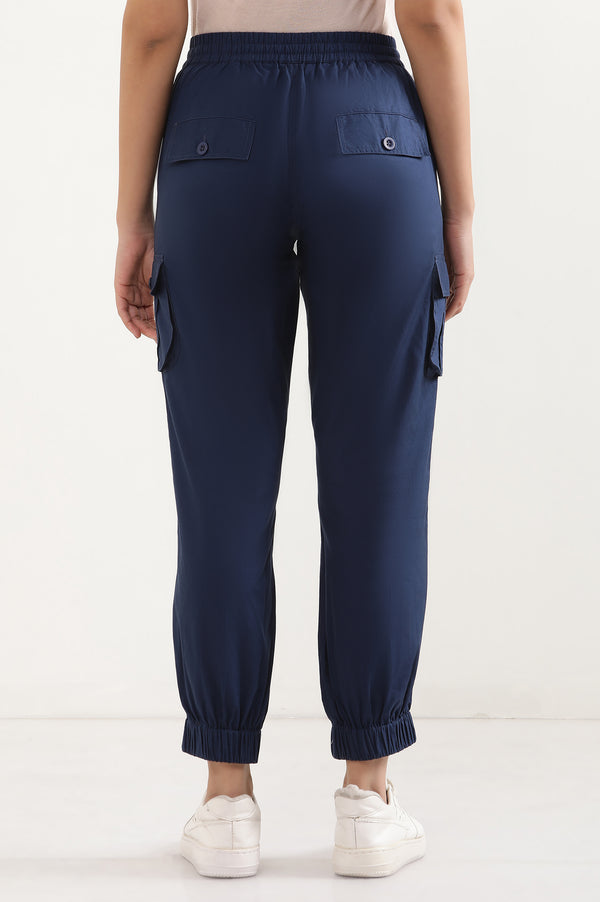 Elleven Women's Navy Blue Solid Tapered Cotton Pants with Drawstring