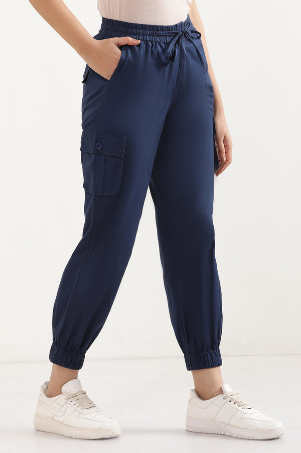 Elleven Women's Navy Blue Solid Tapered Cotton Pants with Drawstring