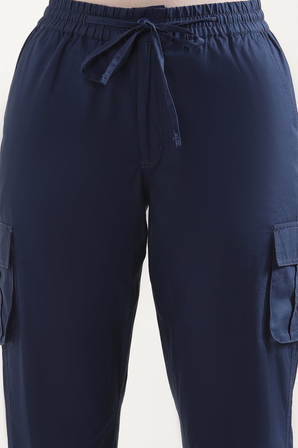 Elleven Women's Navy Blue Solid Tapered Cotton Pants with Drawstring