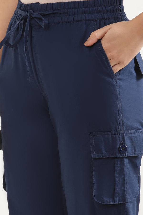 Elleven Women's Navy Blue Solid Tapered Cotton Pants with Drawstring