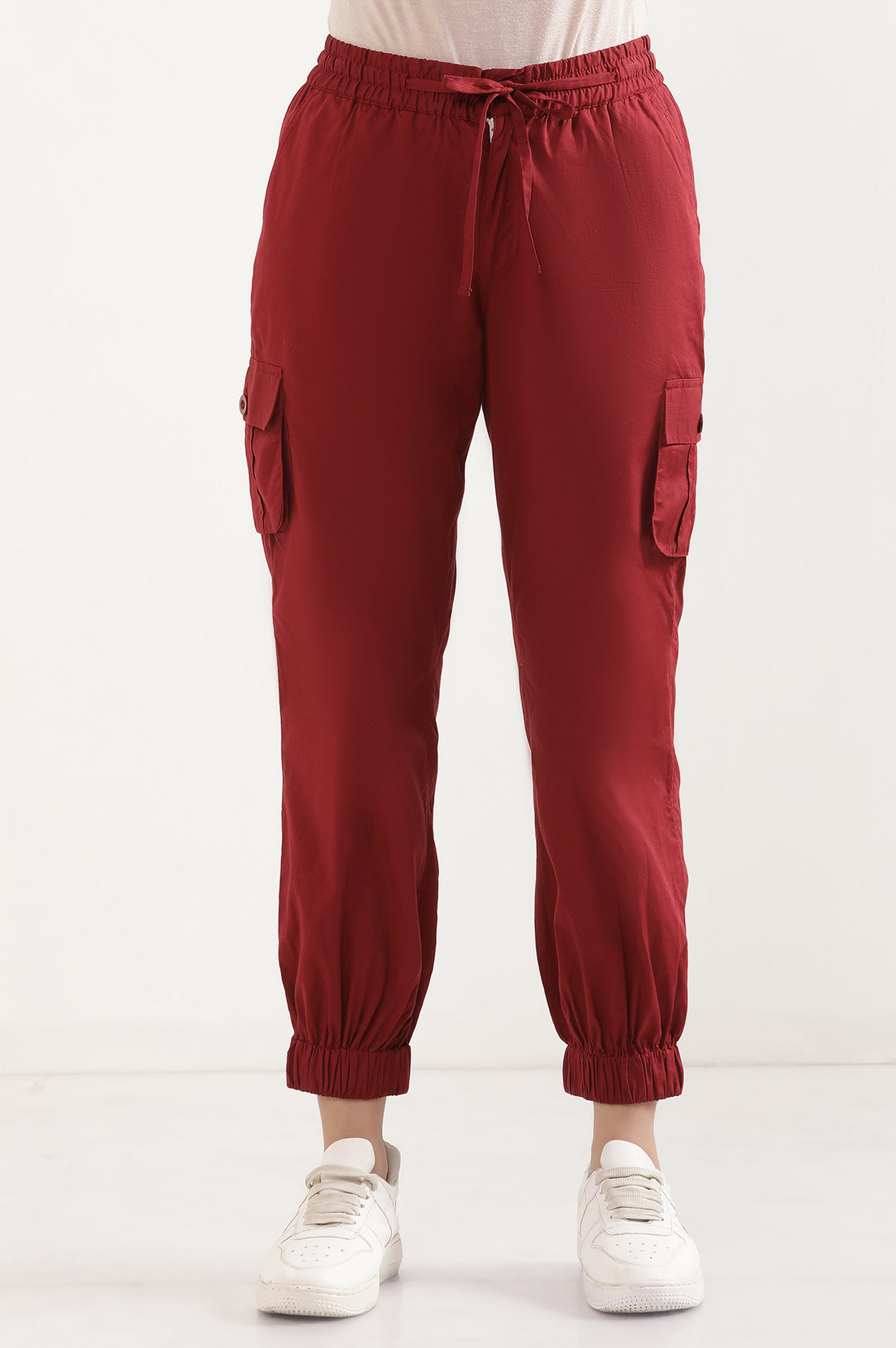 Red Solid Tapered Cotton Pants With Drawstring