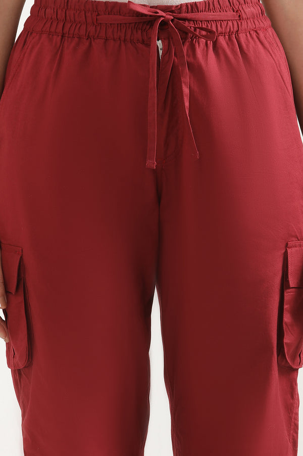Red Solid Tapered Cotton Pants With Drawstring