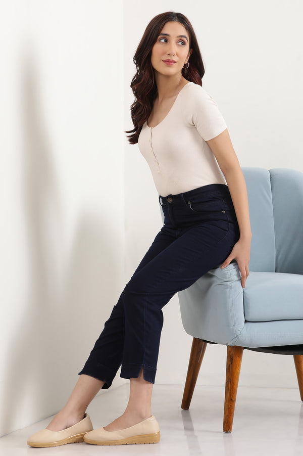 Elleven Women's Navy Blue Solid Straight-fit Denim Pants with Side Slit