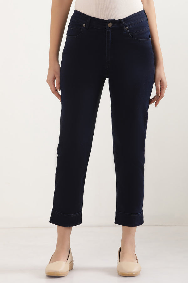 Elleven Women's Navy Blue Solid Straight-fit Denim Pants with Side Slit