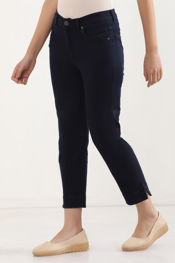Elleven Women's Navy Blue Solid Straight-fit Denim Pants with Side Slit