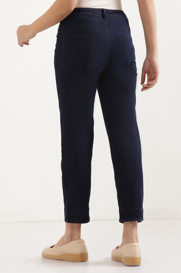 Elleven Women's Navy Blue Solid Straight-fit Denim Pants with Side Slit
