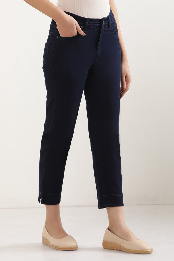 Elleven Women's Navy Blue Solid Straight-fit Denim Pants with Side Slit