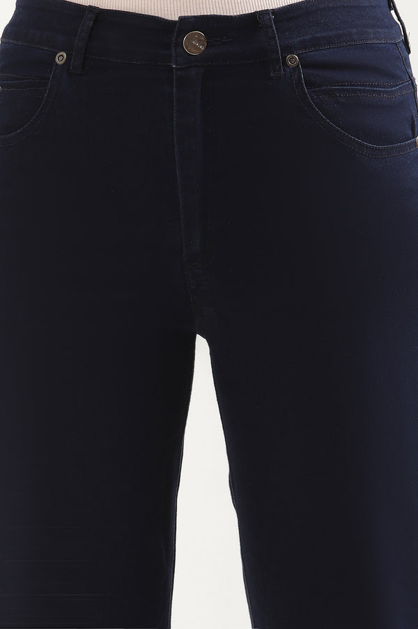 Elleven Women's Navy Blue Solid Straight-fit Denim Pants with Side Slit
