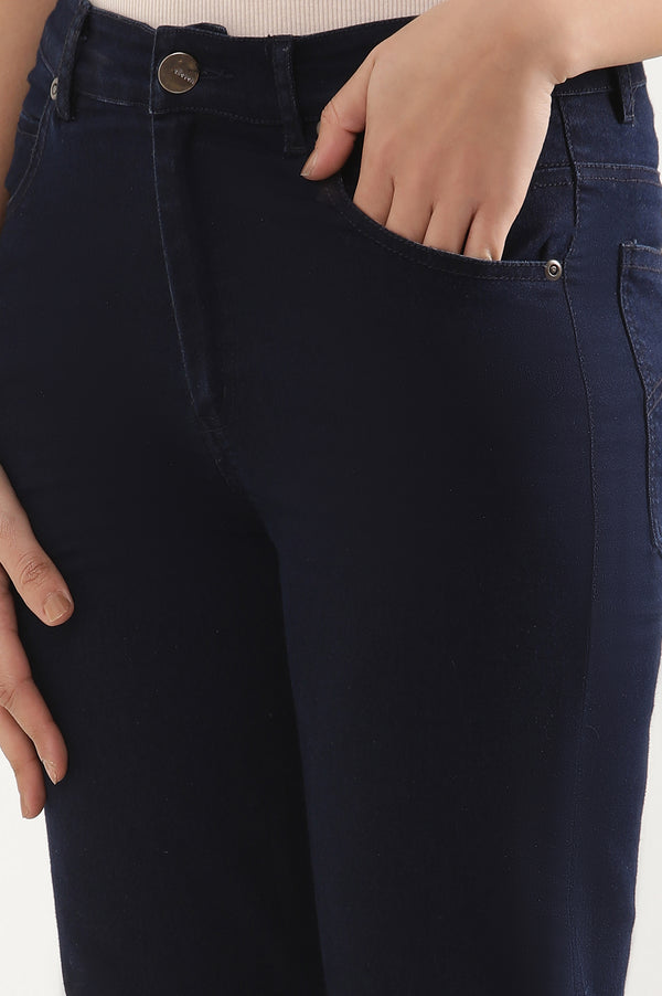 Elleven Women's Navy Blue Solid Straight-fit Denim Pants with Side Slit