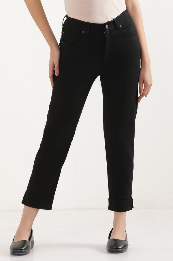 Elleven Women's Black Solid Straight Fit Denim Pants With Side Slit