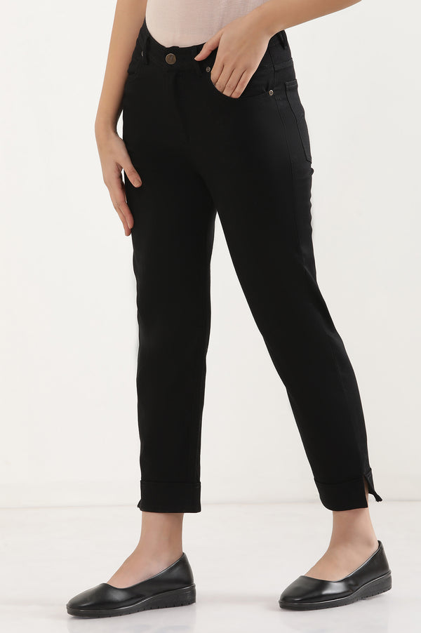 Elleven Women's Black Solid Straight Fit Denim Pants With Side Slit