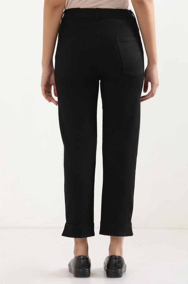 Elleven Women's Black Solid Straight Fit Denim Pants With Side Slit