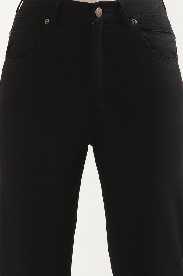 Elleven Women's Black Solid Straight Fit Denim Pants With Side Slit