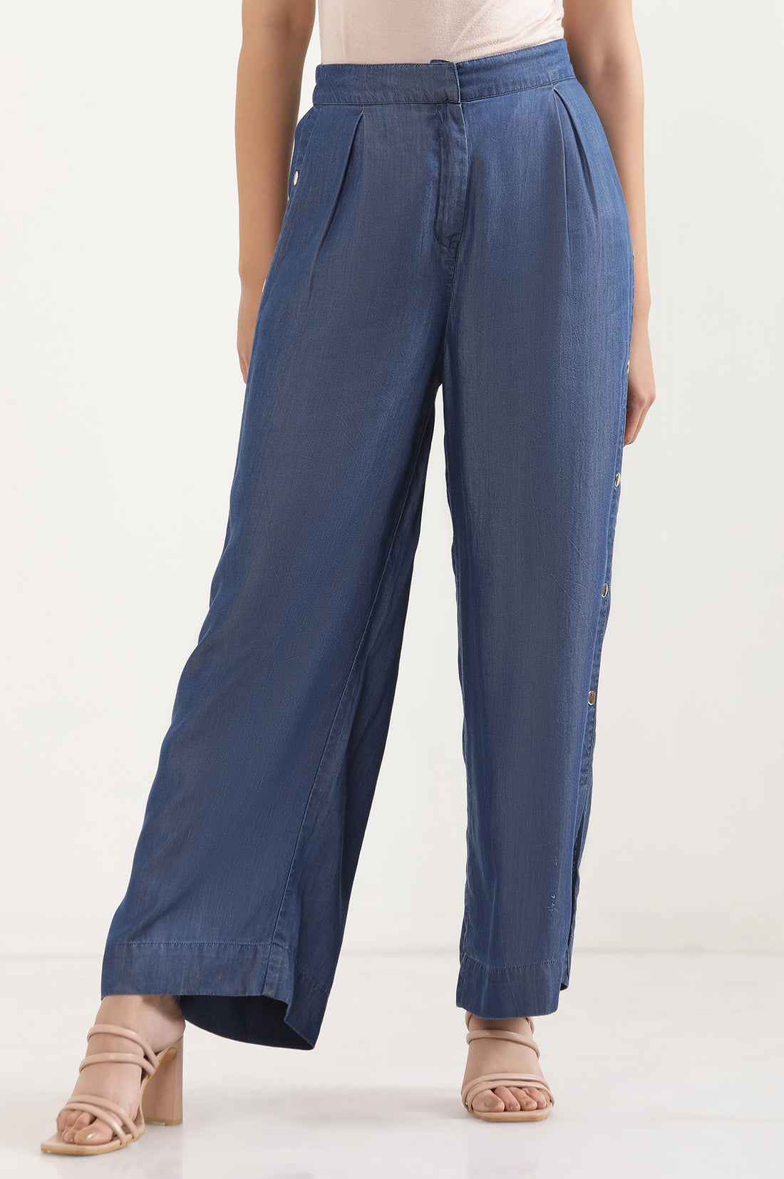 Blue Solid Wide Leg Denim Palazzo With Side Buttons