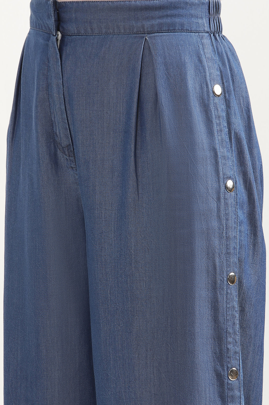 Blue Solid Wide Leg Denim Palazzo With Side Buttons