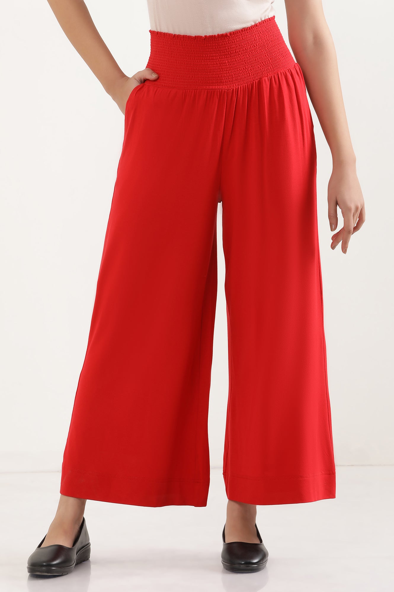 Red Flared Pants with Smoked Waistbelt