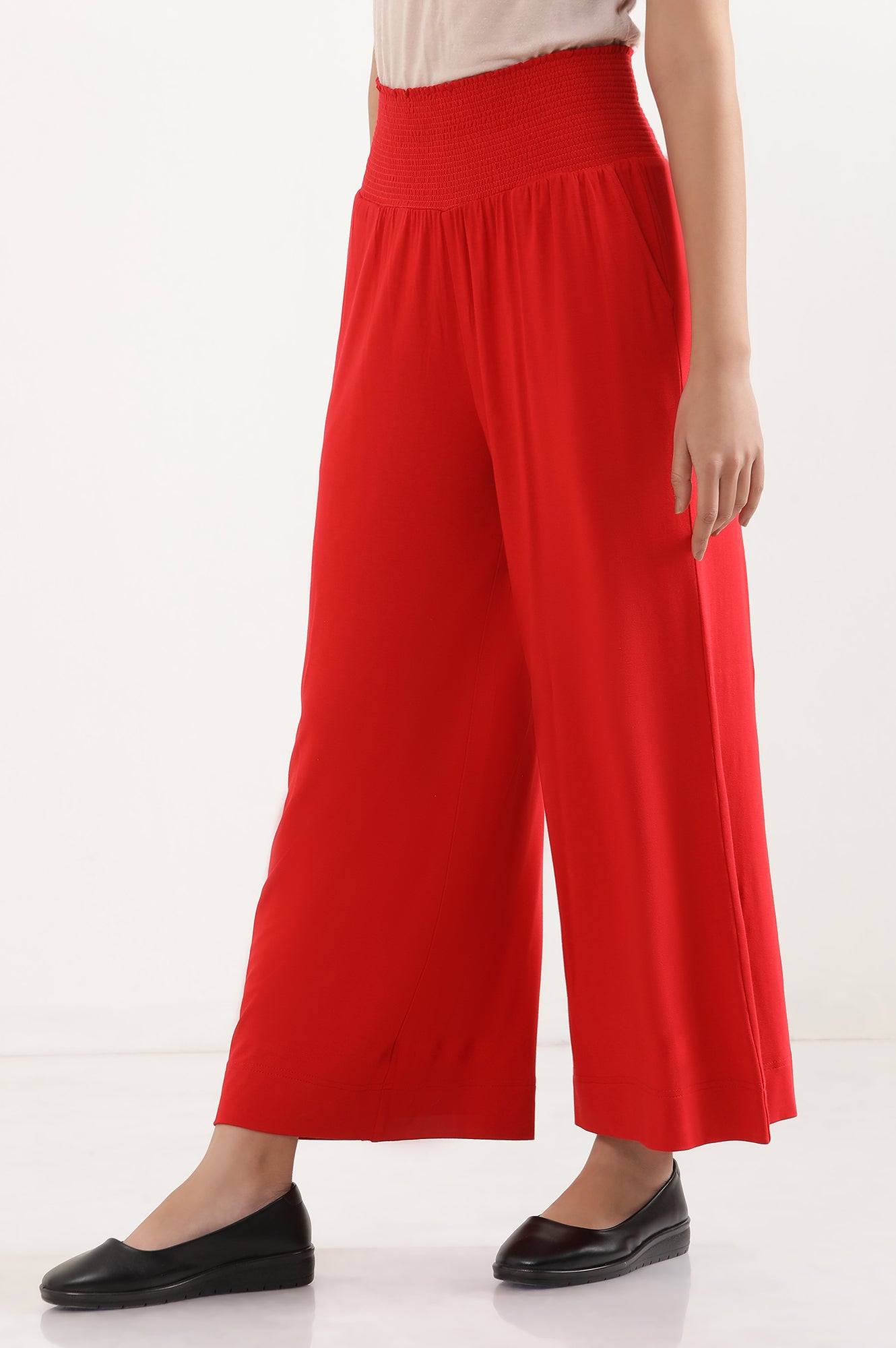 Red Flared Pants with Smoked Waistbelt