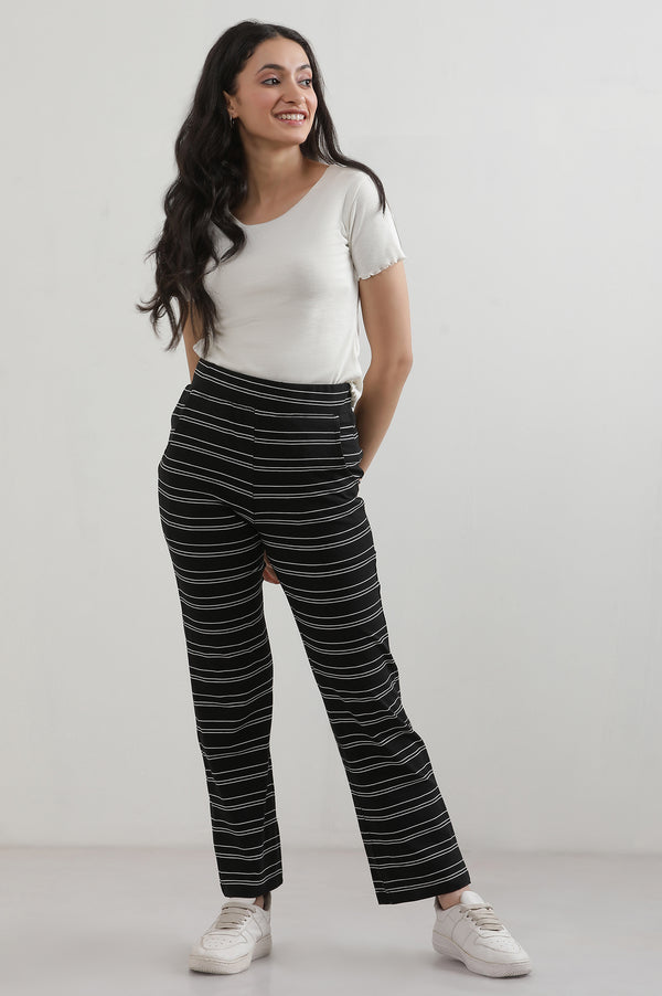 Black Striped Straight Fit Cotton Pants With Slip On Closure