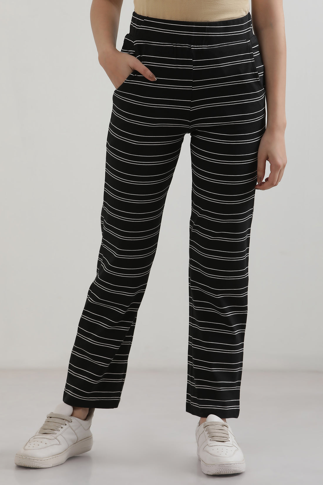 Black Yarn Dyed Cotton Blend Straight Trousers &amp; Pants