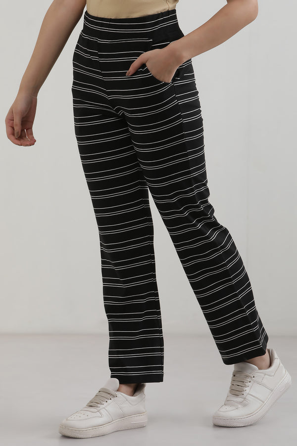 Black Striped Straight Fit Cotton Pants With Slip On Closure