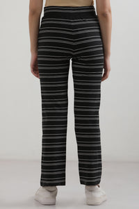 Black Yarn Dyed Cotton Blend Straight Trousers &amp; Pants