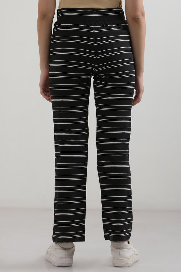 Black Striped Straight Fit Cotton Pants With Slip On Closure