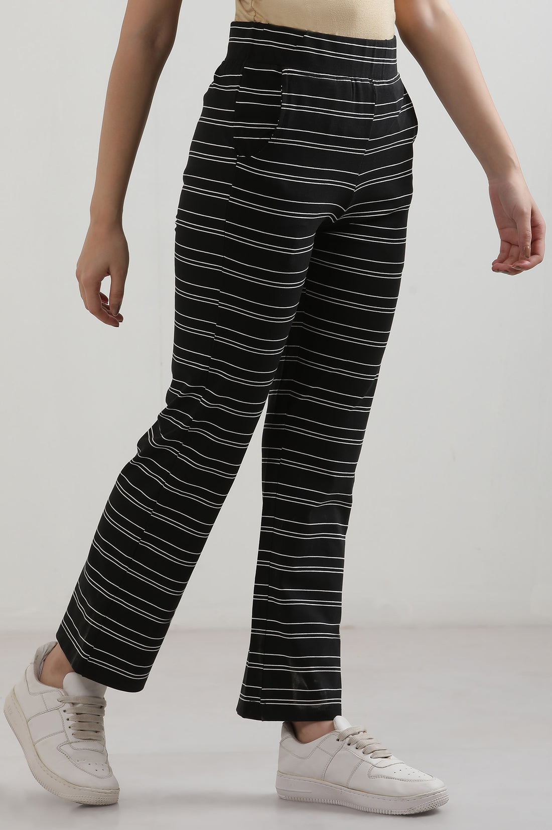 Black Yarn Dyed Cotton Blend Straight Trousers &amp; Pants
