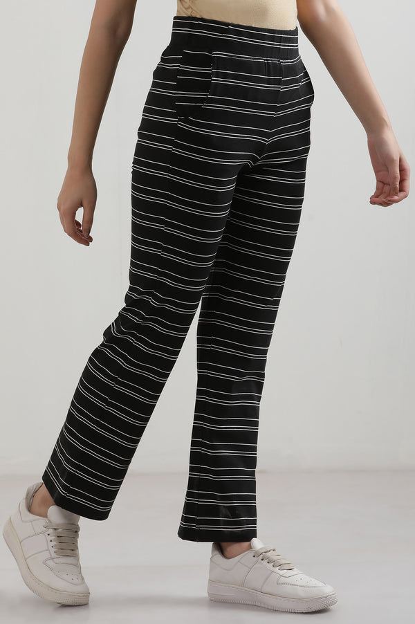 Black Striped Straight Fit Cotton Pants With Slip On Closure
